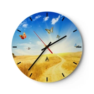 Orologio da parete - Orologio in Vetro - Un motivo di paesaggio estivo con farfalle su uno sfondo di campi dorati - 30x30cm - Come non amare l'estate? - Decorazione murale moderna per soggiorno, cucina e camera da letto ARTTOR