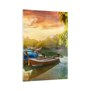 Quadro su vetro - Barche tradizionali in un paesaggio tropicale al tramonto - 50x70cm - Prima di un giorno di lavoro - Decorazione murale moderna per soggiorno e camera da letto ARTTOR
