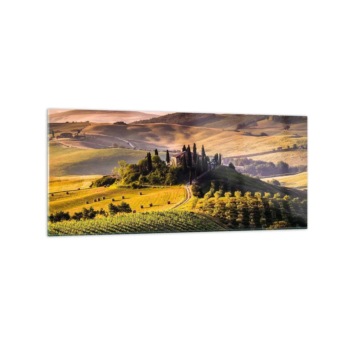 Quadro su vetro - Paesaggio toscano con vigneti e una casa su una collina - 120x50cm - Arcadia: paesaggio toscano - Decorazione murale moderna per soggiorno e camera da letto ARTTOR
