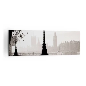 Quadro su tela - Stampe su Tela - Una vista monocromatica del Big Ben e del Tamigi. - 160x50cm - Un mattino a Londra - Decorazione murale moderna per soggiorno e camera da letto ARTTOR