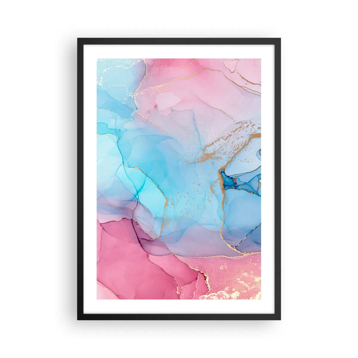 Poster in cornice nera - Macchie astratte nei toni del rosa, blu e oro - 50x70cm - Incontro e compenetrazione - Decorazione murale moderna per soggiorno e camera da letto ARTTOR