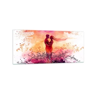 Quadro su vetro - Una coppia abbracciata su uno sfondo astratto rosa e arancione - 120x50cm - Un unico cuore! Mi basta così poco... - Decorazione murale moderna per soggiorno e camera da letto ARTTOR