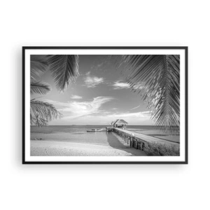 Poster in cornice nera - Spiaggia bianca e nera con molo e palme su una costa tropicale - 100x70cm - Un ricordo o un sogno? - Decorazione murale moderna per soggiorno e camera da letto ARTTOR