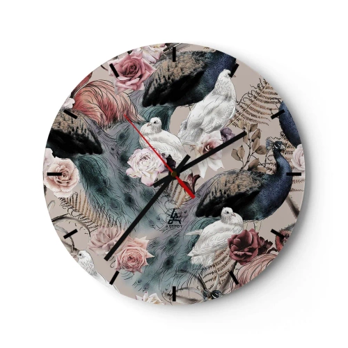 Orologio da parete - Orologio in Vetro - Pavone e uccelli bianchi tra i fiori su uno sfondo beige - 30x30cm - Nel giardino del palazzo - Decorazione murale moderna per soggiorno, cucina e camera da letto ARTTOR