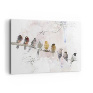 Quadro su tela - Stampe su Tela - Uccelli colorati su un ramo in stile acquerello - 120x80cm - Incontro alato - Decorazione murale moderna per soggiorno e camera da letto ARTTOR