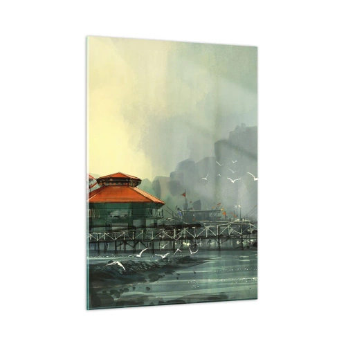 Quadro su vetro - Edifici portuali con tetti rossi contro la nebbia - 50x70cm - Giornata di pioggia al porto - Decorazione murale moderna per soggiorno e camera da letto ARTTOR