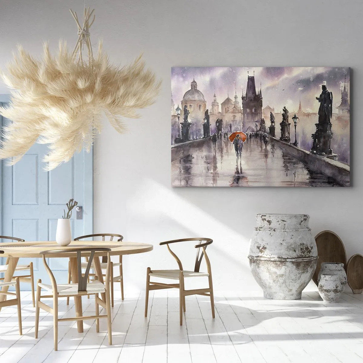 Quadro su tela - Stampe su Tela - Vista romantica di un ponte con un ombrello sullo sfondo di una città serale - 70x50cm - Le persone non cambiano - Decorazione murale moderna per soggiorno e camera da letto ARTTOR