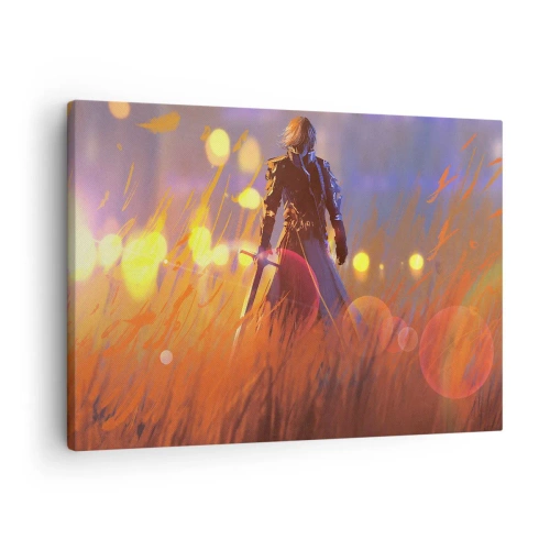 Quadro su tela - Stampe su Tela - La figura di un cavaliere alla luce del sole al tramonto in un campo - 70x50cm - Il cavaliere errante - Decorazione murale moderna per soggiorno e camera da letto ARTTOR