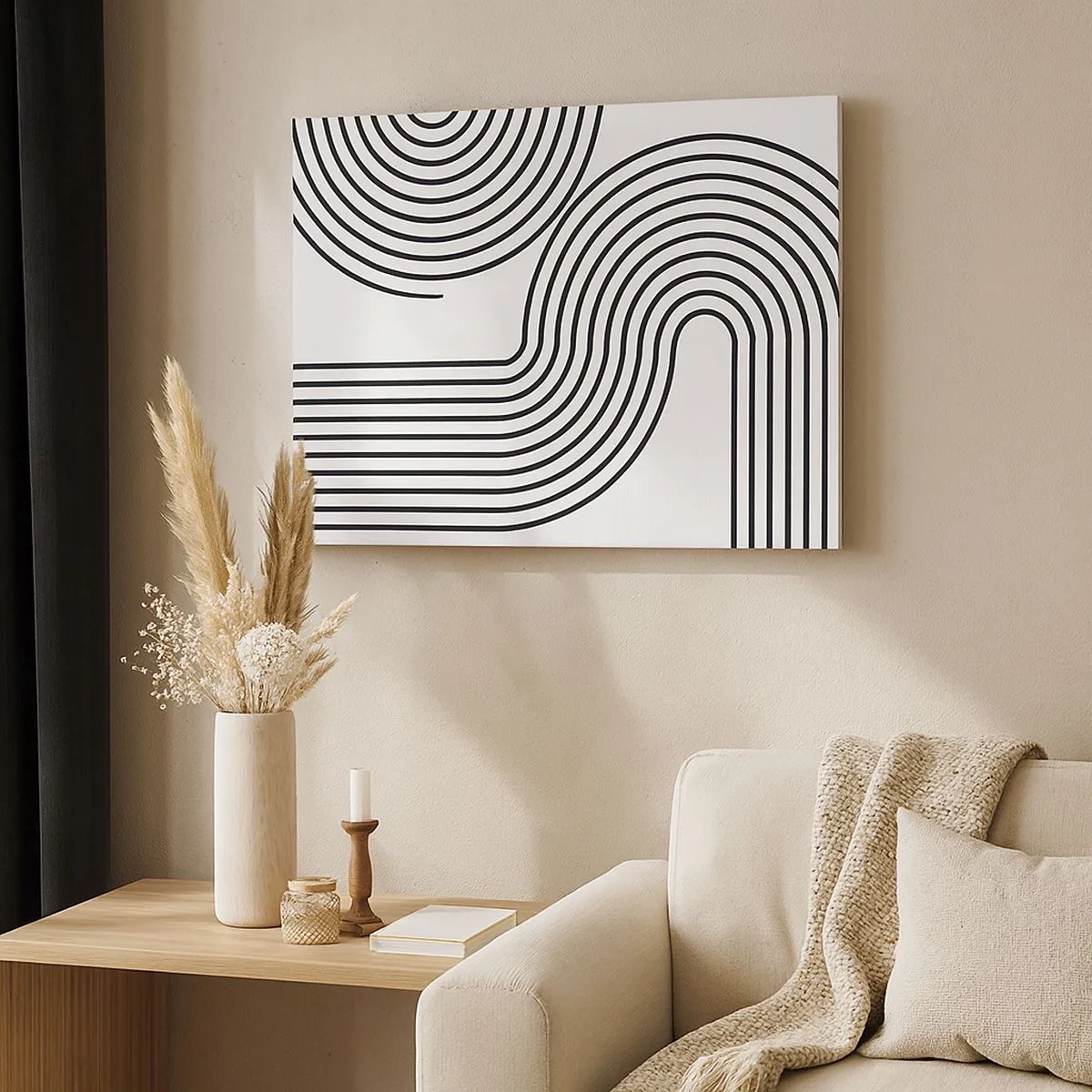 Quadro su tela - Stampe su Tela - Un dipinto astratto con linee nere che creano motivi geometrici su uno sfondo bianco. - 70x50cm - In curva - Decorazione murale moderna per soggiorno e camera da letto ARTTOR