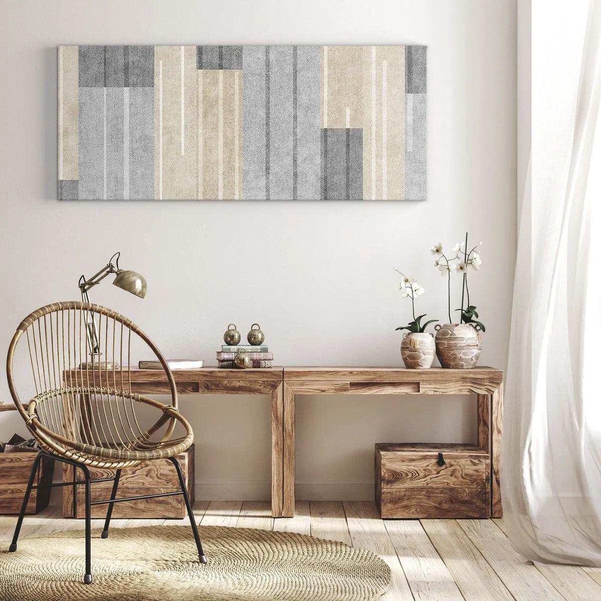 Quadro su tela - Stampe su Tela - Composizione geometrica nei toni del grigio e del beige - 120x50cm - Composizione: rigare dritto - Decorazione murale moderna per soggiorno e camera da letto ARTTOR