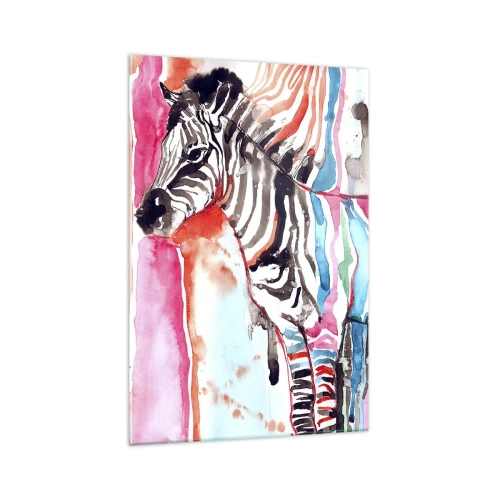 Quadro su vetro - Una zebra colorata su uno sfondo di motivi astratti ad acquerello - 70x100cm - Uno scherzo spensierato della natura - Decorazione murale moderna per soggiorno e camera da letto ARTTOR