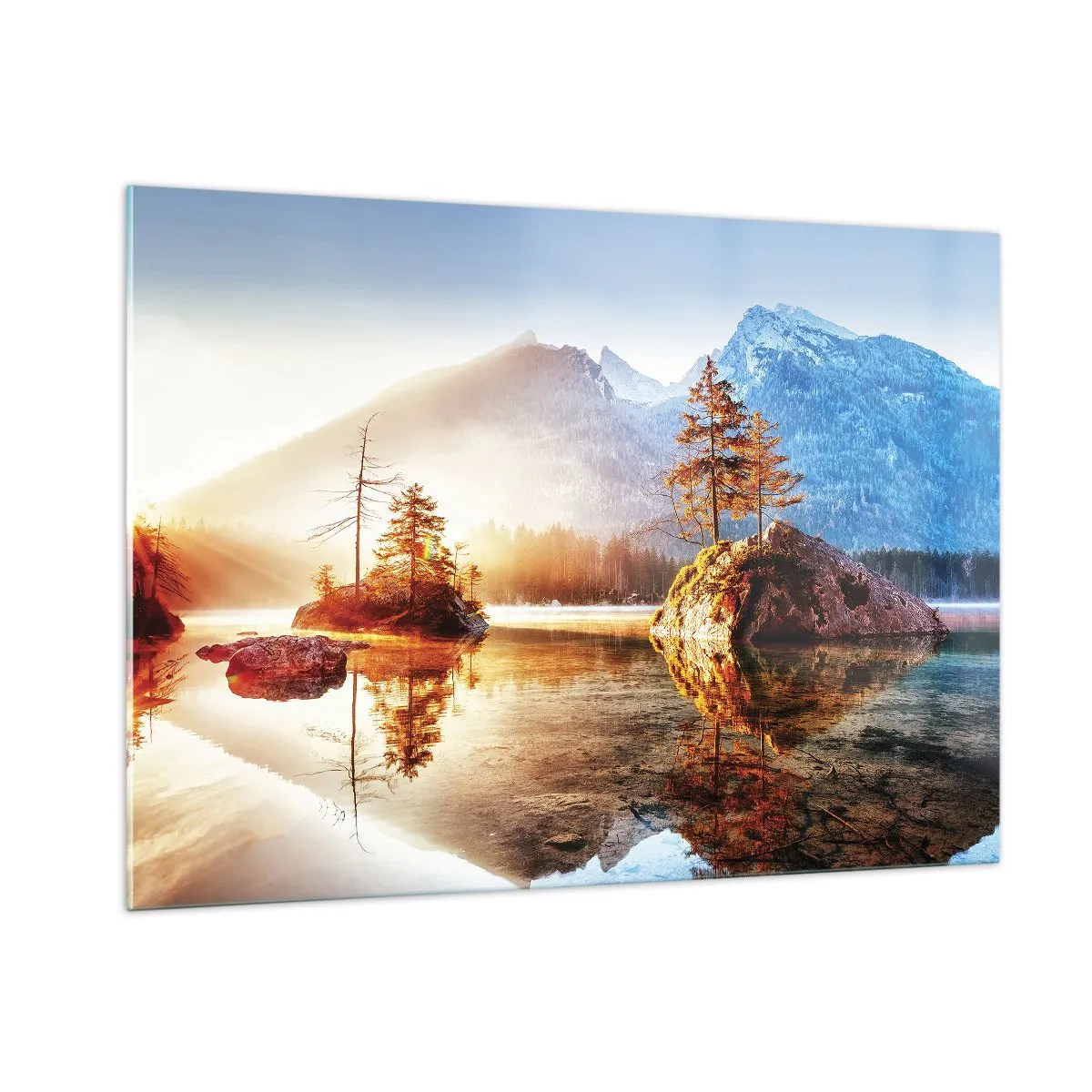 Quadro su vetro - Paesaggio montano al mattino con alberi e riflesso nel lago - 100x70cm - La natura in una nuova luce - Decorazione murale moderna per soggiorno e camera da letto ARTTOR