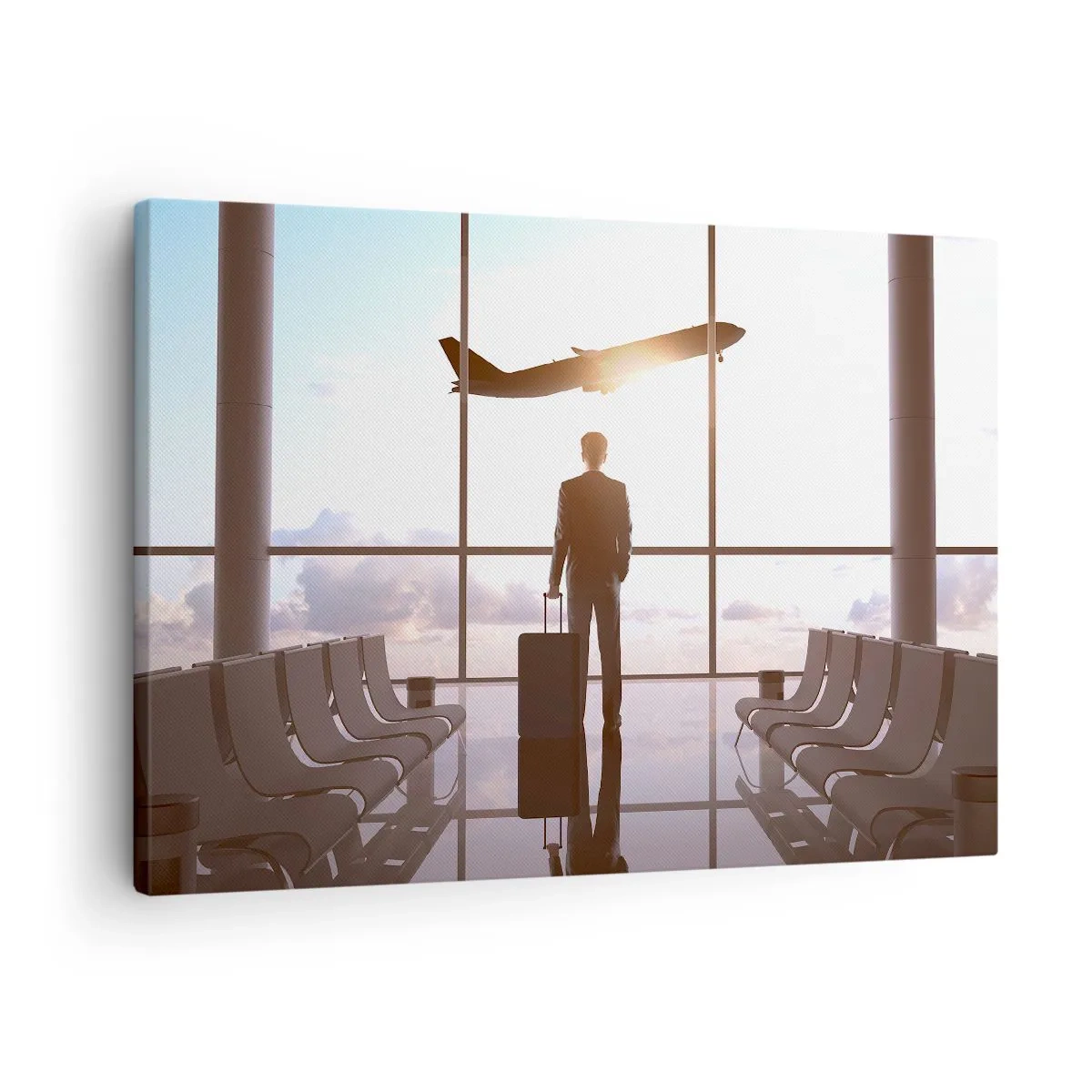 Quadro su tela - Stampe su Tela - Uomo d'affari all'aeroporto con un aereo sullo sfondo - 70x50cm - Hai tempo, rallenta - Decorazione murale moderna per soggiorno e camera da letto ARTTOR