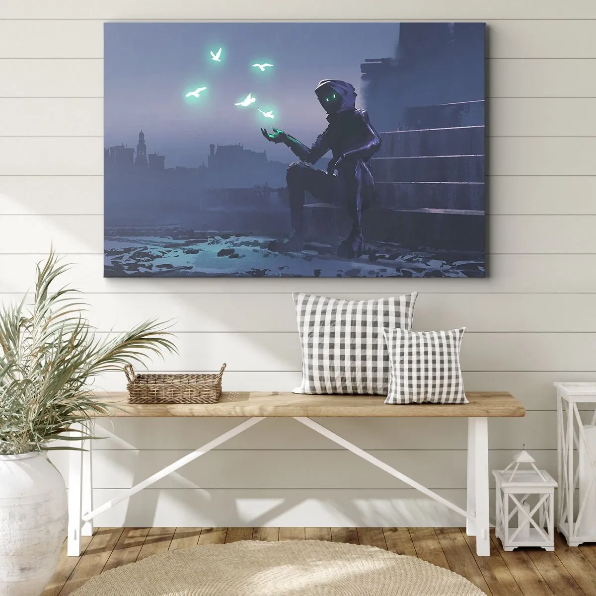 Quadro su tela - Stampe su Tela - Una figura incappucciata con uccelli magici sullo sfondo di una città - 100x70cm - La vita ritorna - Decorazione murale moderna per soggiorno e camera da letto ARTTOR