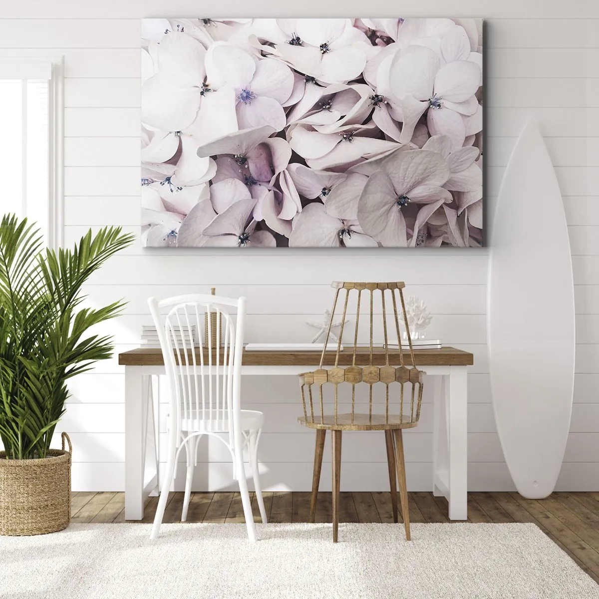 Quadro su tela - Stampe su Tela - Delicate ortensie bianche in tonalità pastello - 70x50cm - Un'alluvione di fiori - Decorazione murale moderna per soggiorno e camera da letto ARTTOR