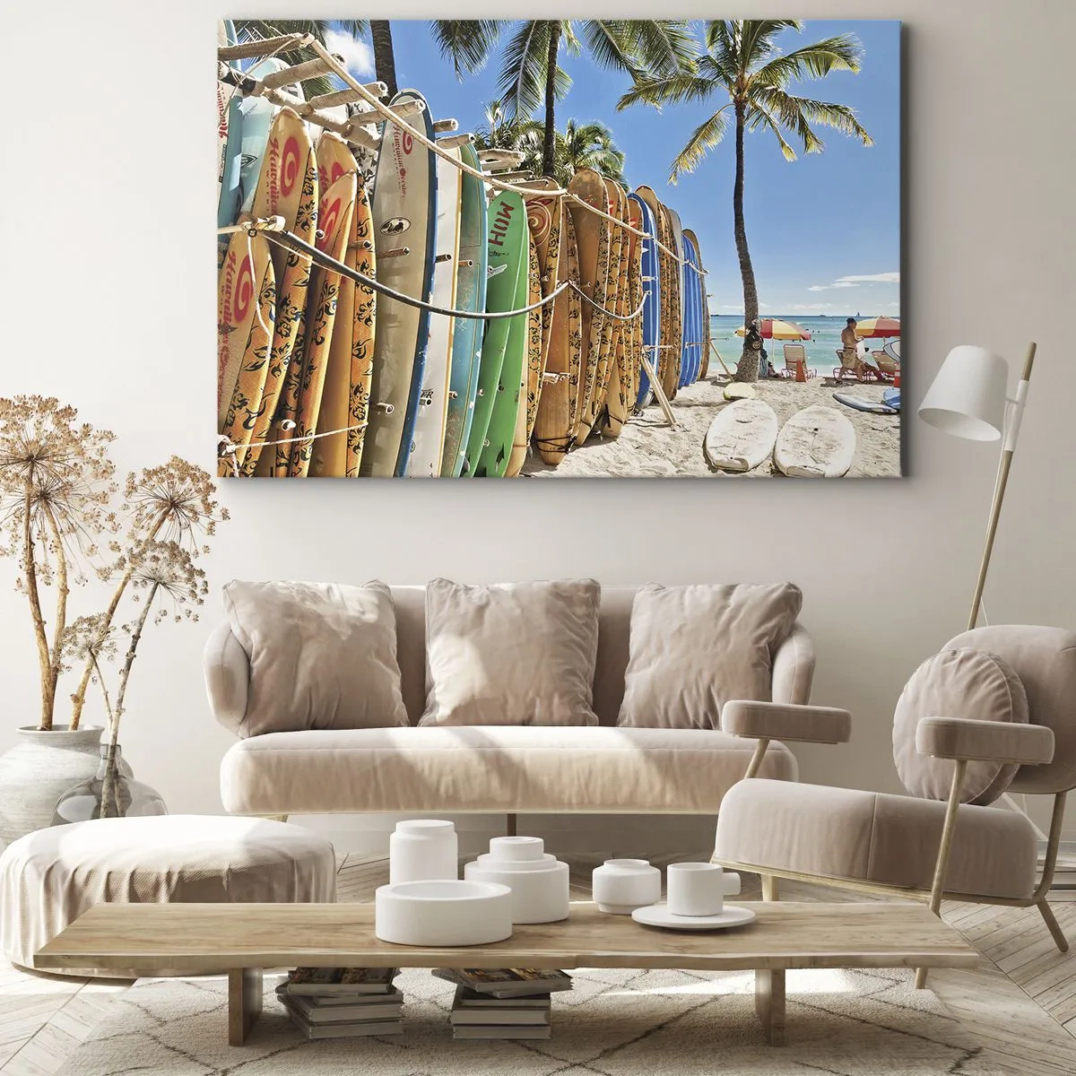 Quadro su tela - Stampe su Tela - Tavole da surf su una spiaggia con palme - 100x70cm - Divertimento sotto il sole - Decorazione murale moderna per soggiorno e camera da letto ARTTOR