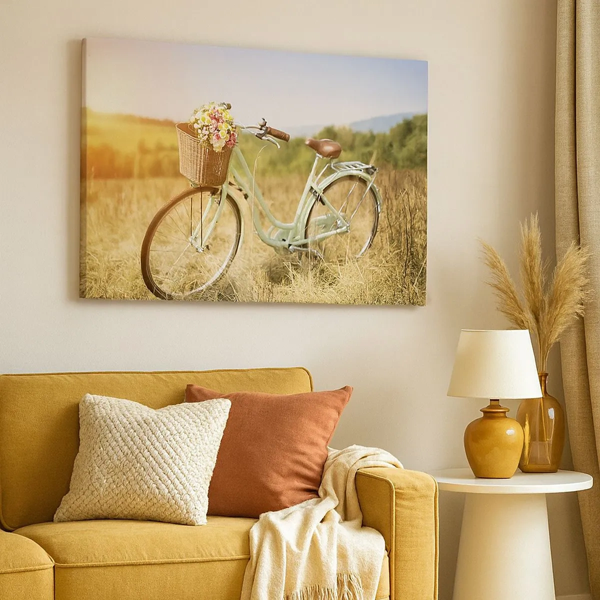 Quadro su tela - Stampe su Tela - Una bicicletta retrò con un cesto pieno di fiori sullo sfondo di un prato. - 70x50cm - Resto qui un attimo - Decorazione murale moderna per soggiorno e camera da letto ARTTOR