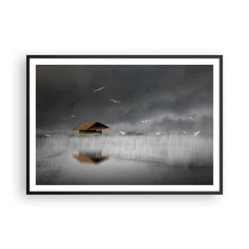 Poster in cornice nera - Un cottage solitario sull'acqua circondato da nebbia e uccelli - 100x70cm - Riparo dalla pioggia - Decorazione murale moderna per soggiorno e camera da letto ARTTOR