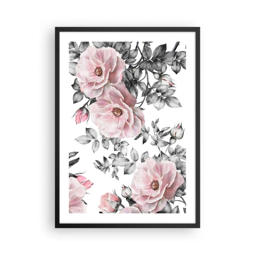 Poster in cornice nera - Rose rosa su uno sfondo di foglie bianche e nere - 50x70cm - Perdersi tra le rose - Decorazione murale moderna per soggiorno e camera da letto ARTTOR