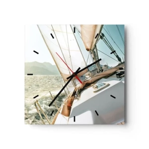 Orologio da parete - Orologio in Vetro - Uno yacht in mare aperto con vista sulle montagne - 30x30cm - A vele spiegate - Decorazione murale moderna per soggiorno e camera da letto ARTTOR