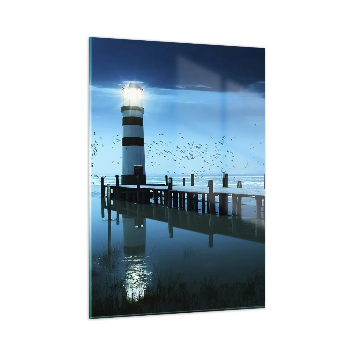 Quadro su vetro - Un faro circondato da acque calme e uccelli - 50x70cm - E passa la paura del buio - Decorazione murale moderna per soggiorno e camera da letto ARTTOR