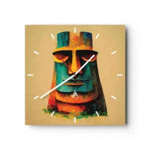 Orologio da parete - Orologio in Vetro - Statua colorata dell'Isola di Pasqua - 30x30cm - Statuario, ma simpatico - Decorazione murale moderna per soggiorno e camera da letto ARTTOR