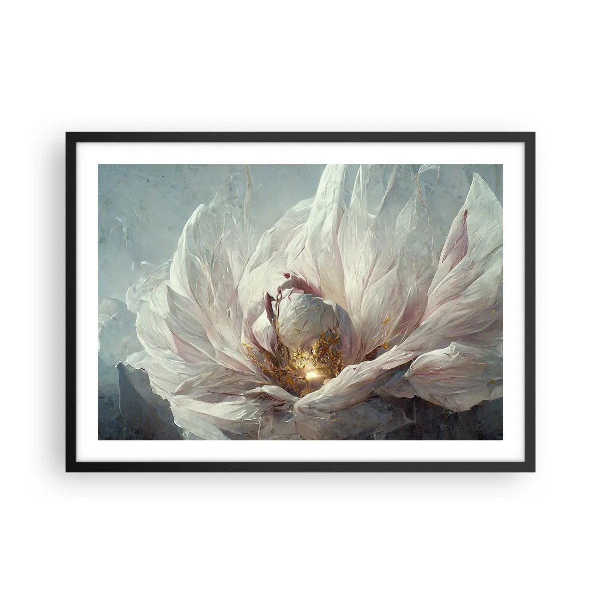 Poster in cornice nera - Un delicato fiore bianco con sottili accenti dorati - 70x50cm - Fiorisce ogni cento anni - Decorazione murale moderna per soggiorno e camera da letto ARTTOR