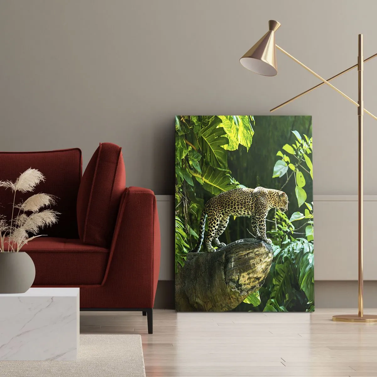 Quadro su tela - Stampe su Tela - Un leopardo in piedi su una roccia circondato da vegetazione tropicale - 80x120cm - A caccia? - Decorazione murale moderna per soggiorno e camera da letto ARTTOR