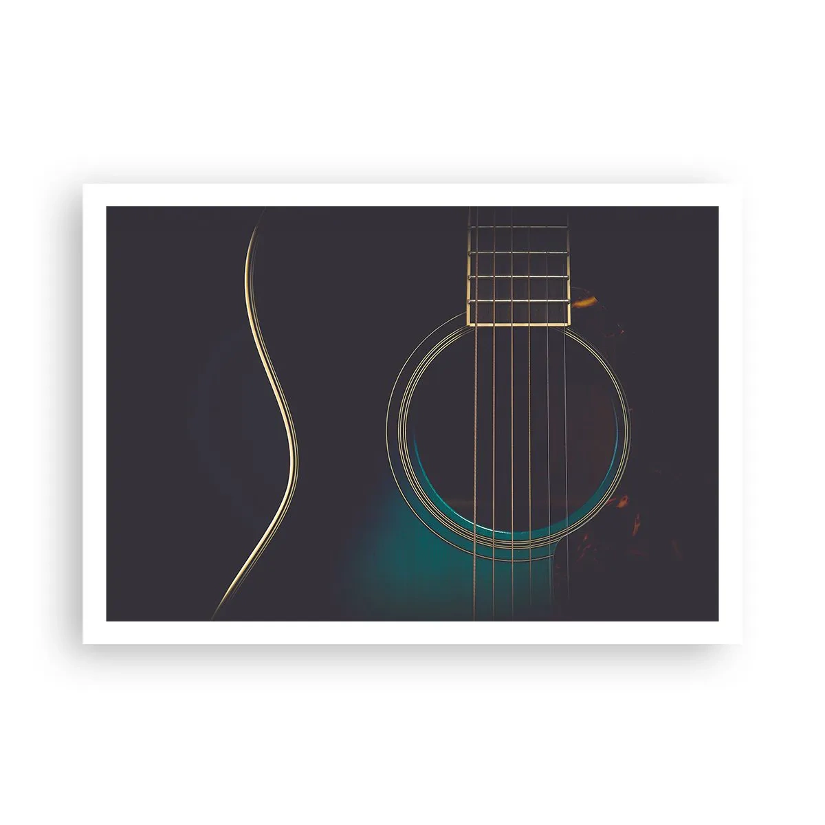 Poster - Chitarra acustica in una luce scura ed elegante - 100x70cm - L'attimo prima del suono - Decorazione murale moderna per soggiorno e camera da letto ARTTOR