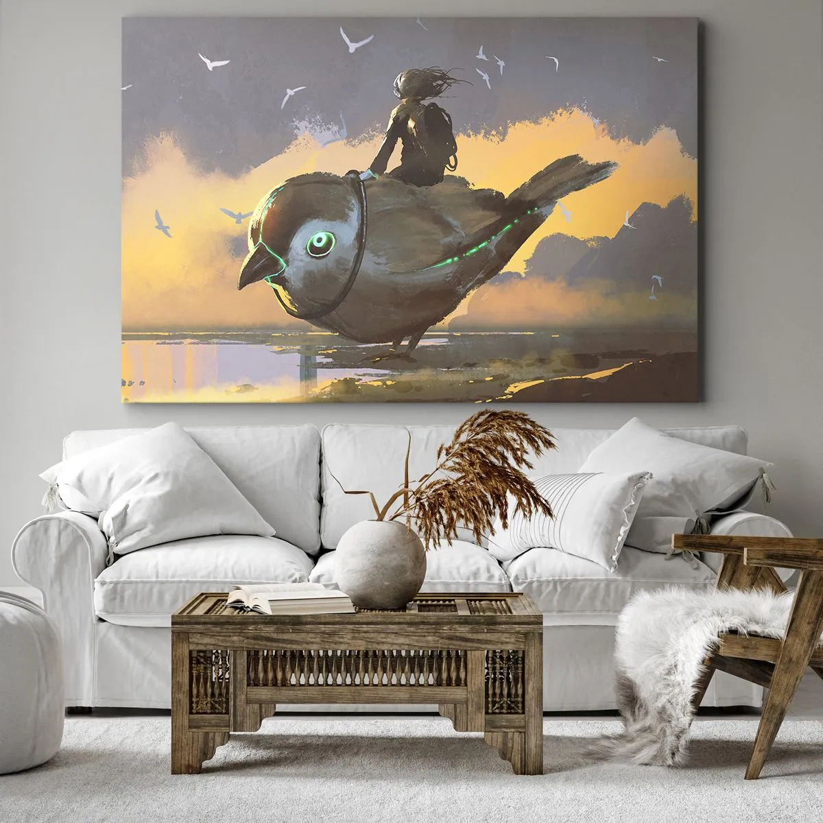 Quadro su tela - Stampe su Tela - Cavaliere su un uccello gigante in un paesaggio surreale - 120x80cm - La sosta di un viaggio fantastico - Decorazione murale moderna per soggiorno e camera da letto ARTTOR
