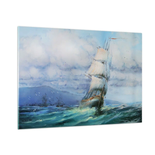 Quadro su vetro - Una nave con le vele che naviga su un mare in tempesta sotto un cielo nuvoloso - 100x70cm - Con il vento in favore - Decorazione murale moderna per soggiorno e camera da letto ARTTOR