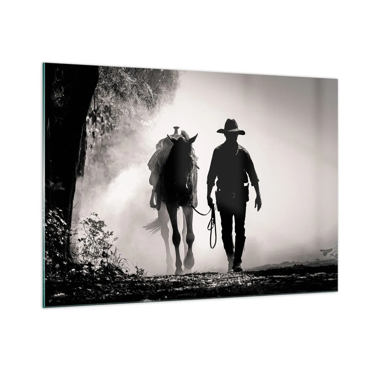 Quadro su vetro - Sagoma di un cowboy che conduce un cavallo attraverso un paesaggio nebbioso - 100x70cm - Mattino texano - Decorazione murale moderna per soggiorno e camera da letto ARTTOR