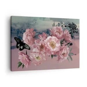 Quadro su tela - Stampe su Tela - Peonie rosa con farfalla su sfondo pastello - 70x50cm - L'apice della romanticità - Decorazione murale moderna per soggiorno e camera da letto ARTTOR