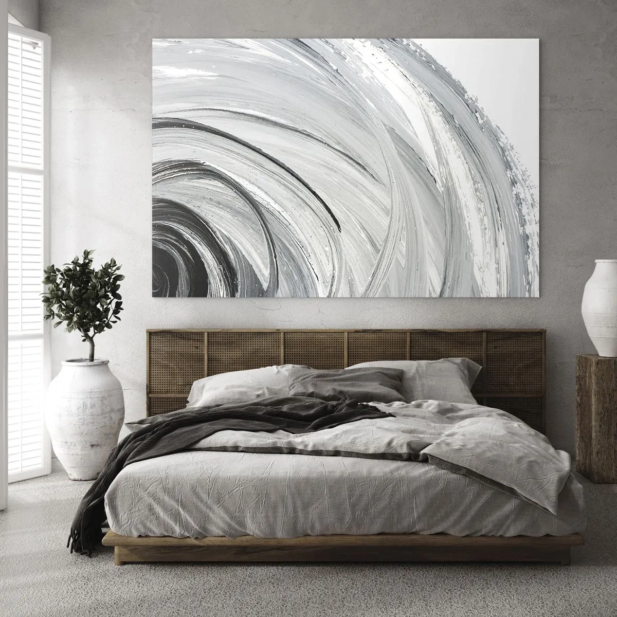 Quadro su vetro - Una spirale in bianco e nero con pennellate dinamiche. - 120x80cm - Composizione orbitale - Decorazione murale moderna per soggiorno e camera da letto ARTTOR