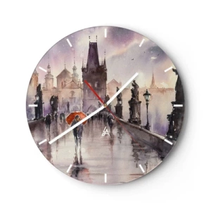 Orologio da parete - Orologio in Vetro - Scena romantica su un ponte sotto la pioggia con un ombrello arancione - 30x30cm - Le persone non cambiano - Decorazione murale moderna per soggiorno, cucina e camera da letto ARTTOR