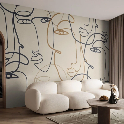 Fotomurali Premium Sand - Contorni di facce disegnate con una linea - 100x70cm - Ritratto multiplo - Decorazione murale moderna per soggiorno e camera da letto ARTTOR