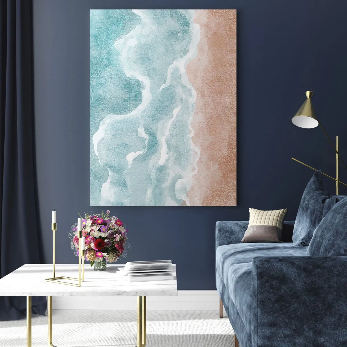 Quadro su vetro - Spiaggia astratta con onde nei toni del blu e del beige - 70x100cm - Astrazione nebulosa - Decorazione murale moderna per soggiorno e camera da letto ARTTOR