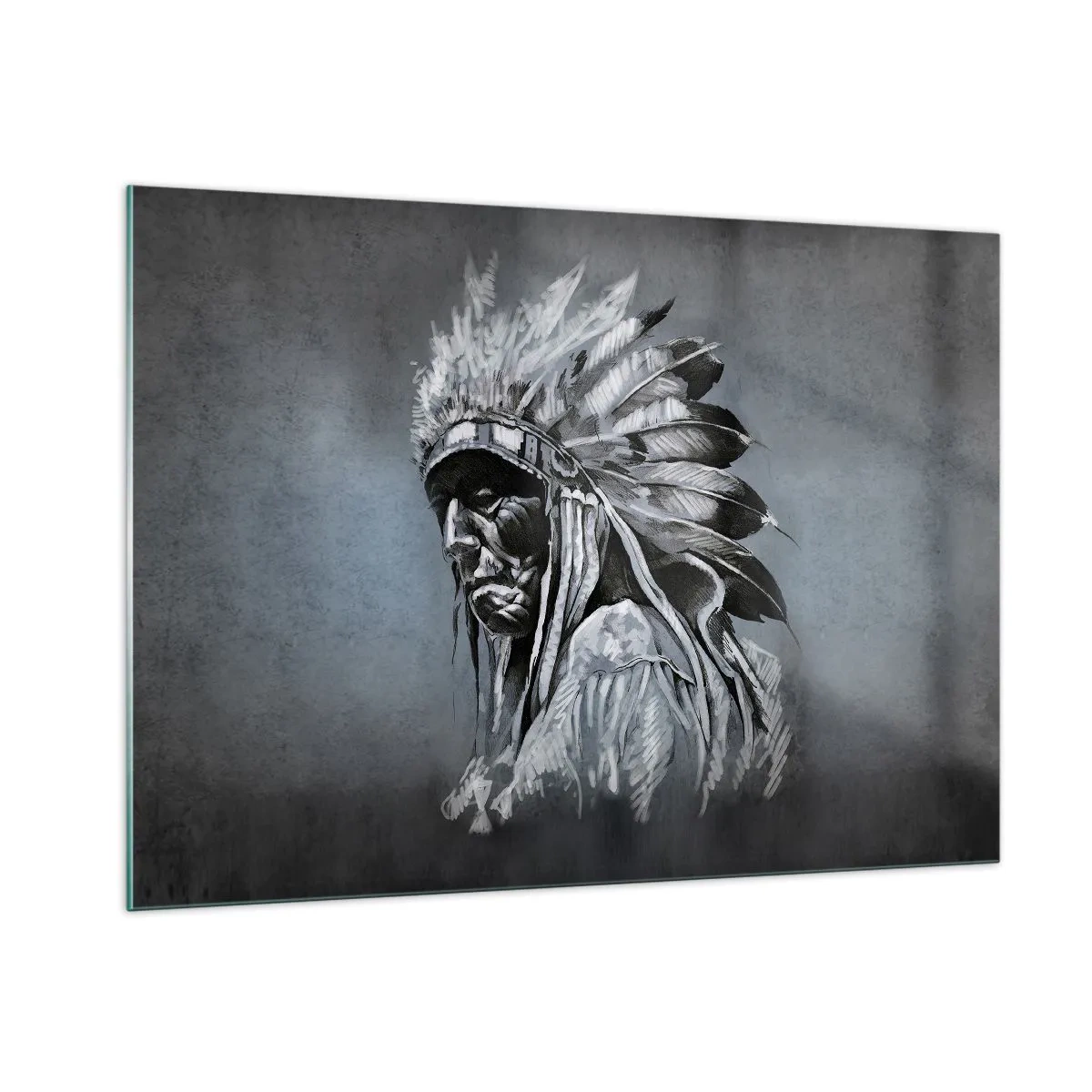 Quadro su vetro - Ritratto di un uomo con un copricapo di piume su uno sfondo grigio scuro - 100x70cm - Ritorno alle radici - Decorazione murale moderna per soggiorno e camera da letto ARTTOR