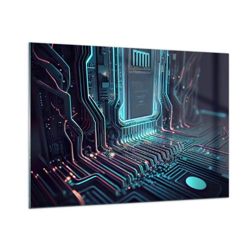 Quadro su vetro - Visualizzazione al neon delle tracce del processore su uno sfondo nero - 100x70cm - Sto pensando qualcosa... - Decorazione murale moderna per soggiorno e camera da letto ARTTOR