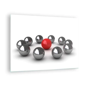 Quadro su vetro - Una palla rossa circondata dall'argento su uno sfondo bianco - 70x50cm - Cerchio in argento e rosso - Decorazione murale moderna per soggiorno e camera da letto ARTTOR