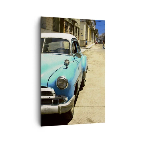 Quadro su tela - Stampe su Tela - Un'auto d'epoca blu sulla strada in una giornata di sole - 80x120cm - Evviva Cuba! - Decorazione murale moderna per soggiorno e camera da letto ARTTOR