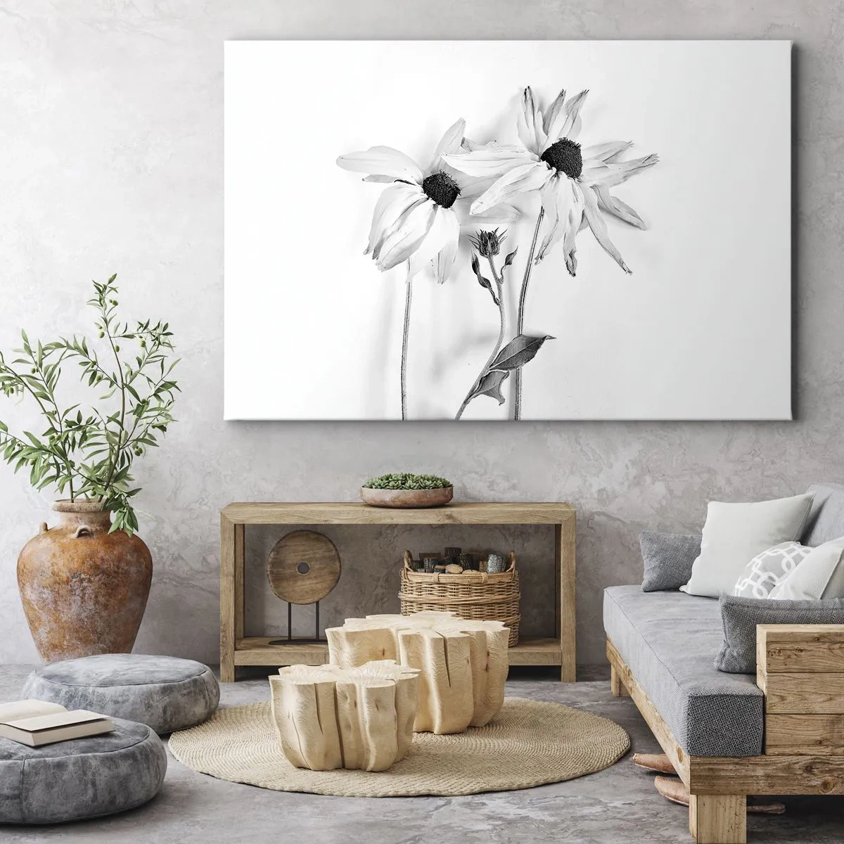 Quadro su tela - Stampe su Tela - Fiori bianchi e neri con una composizione delicata - 100x70cm - Nessuno vuole essere solo - Decorazione murale moderna per soggiorno e camera da letto ARTTOR