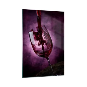 Quadro su vetro - Vino rosso versato in un bicchiere su uno sfondo di fumo viola - 80x120cm - Scarlatto? Carminio? No, rubino - Decorazione murale moderna per soggiorno e camera da letto ARTTOR