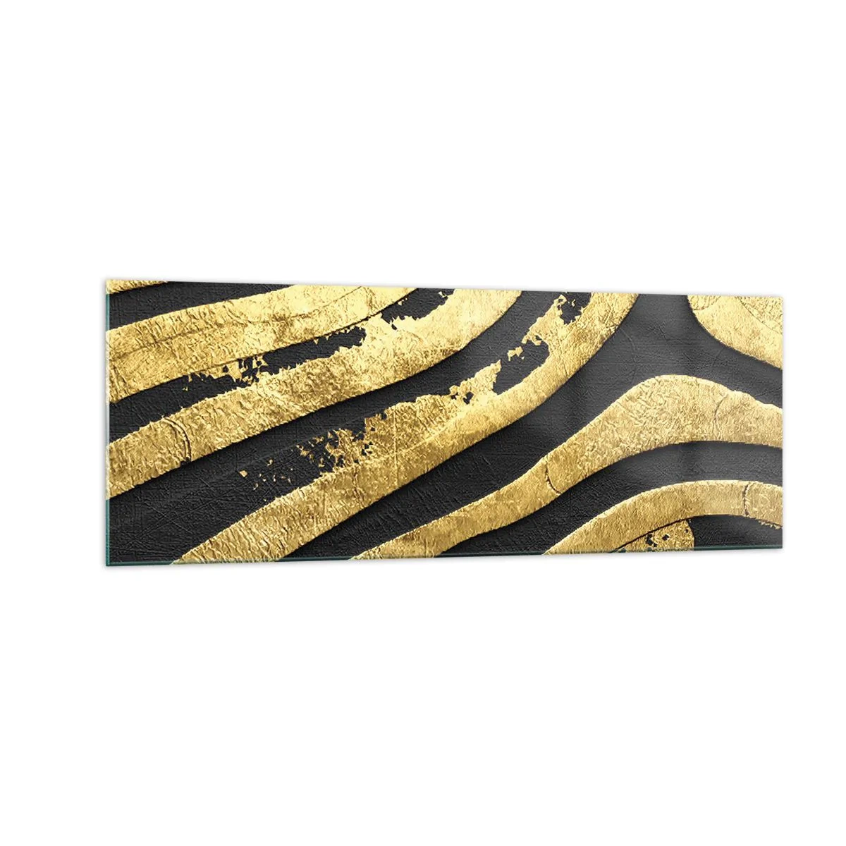 Quadro su vetro - Onde astratte dorate su sfondo nero - 140x50cm - Tutto scorre - Decorazione murale moderna per soggiorno e camera da letto ARTTOR