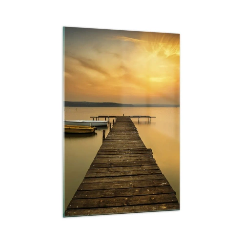 Quadro su vetro - Pontile in legno e barche sul lago al tramonto - 70x100cm - Ti apro il cielo dorato - Decorazione murale moderna per soggiorno e camera da letto ARTTOR