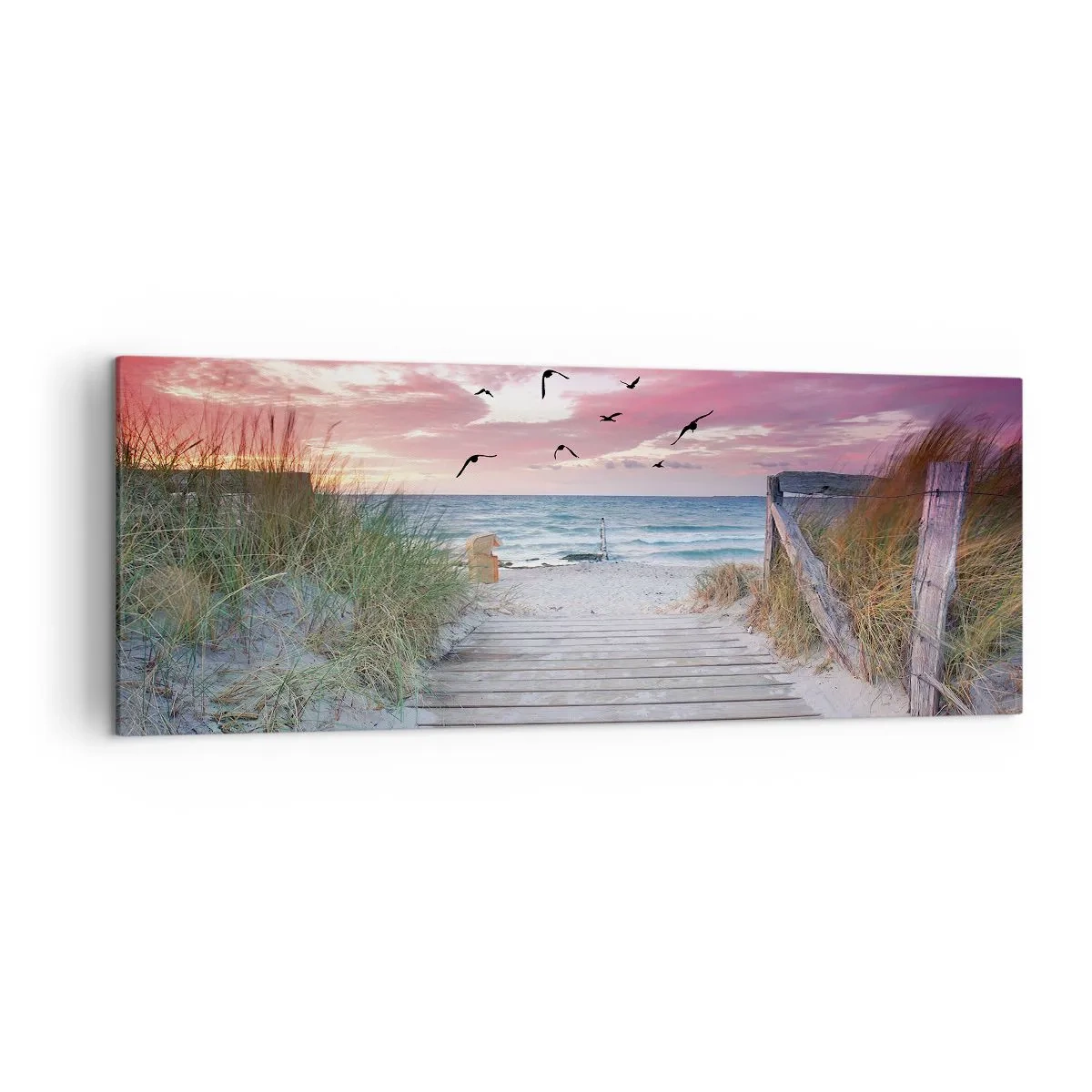 Quadro su tela - Stampe su Tela - Sentiero in legno sulla spiaggia al tramonto rosa - 140x50cm - Impressioni baltiche - Decorazione murale moderna per soggiorno e camera da letto ARTTOR