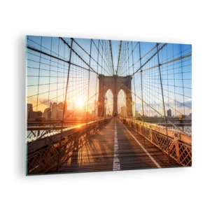 Quadro su vetro - Tramonto sul ponte di Brooklyn a New York - 70x50cm - Sul ponte d'oro - Decorazione murale moderna per soggiorno e camera da letto ARTTOR