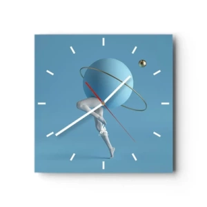 Orologio da parete - Orologio in Vetro - Una sfera blu con un'orbita e gambe umane contro il cielo - 30x30cm - E i pianeti folleggiano - Decorazione murale moderna per soggiorno e camera da letto ARTTOR