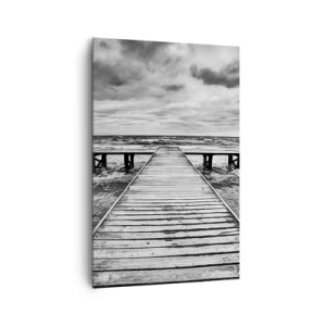 Quadro su tela - Stampe su Tela - Una vista in bianco e nero di un molo di legno su un mare in tempesta. - 80x120cm - Aspetto che il vento le scacci via... - Decorazione murale moderna per soggiorno e camera da letto ARTTOR