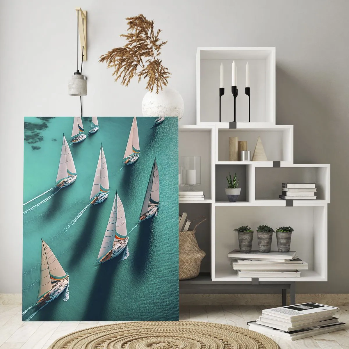Quadro su vetro - Yacht in movimento dinamico sulle acque turchesi - 80x120cm - In gara con il vento - Decorazione murale moderna per soggiorno e camera da letto ARTTOR